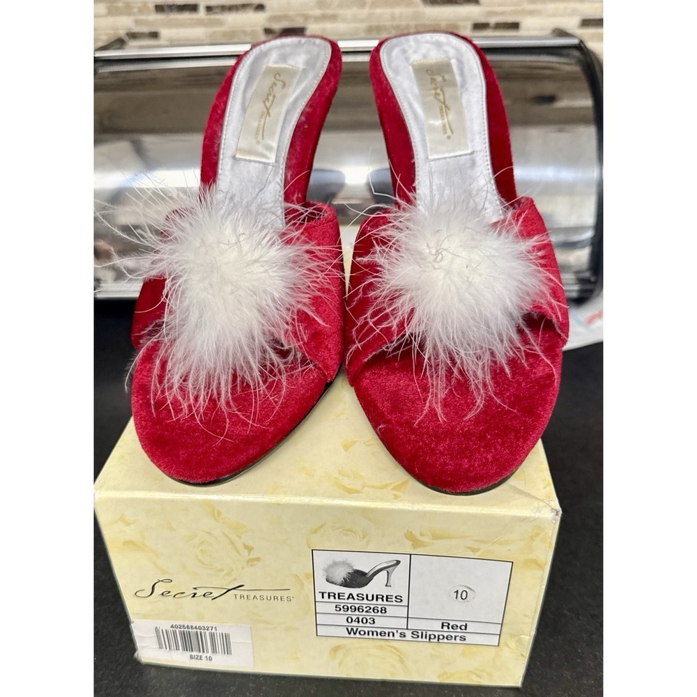Vintage Y2K Secret Treasures Red Velvet Feather Stiletto Slippers Size 10 Box